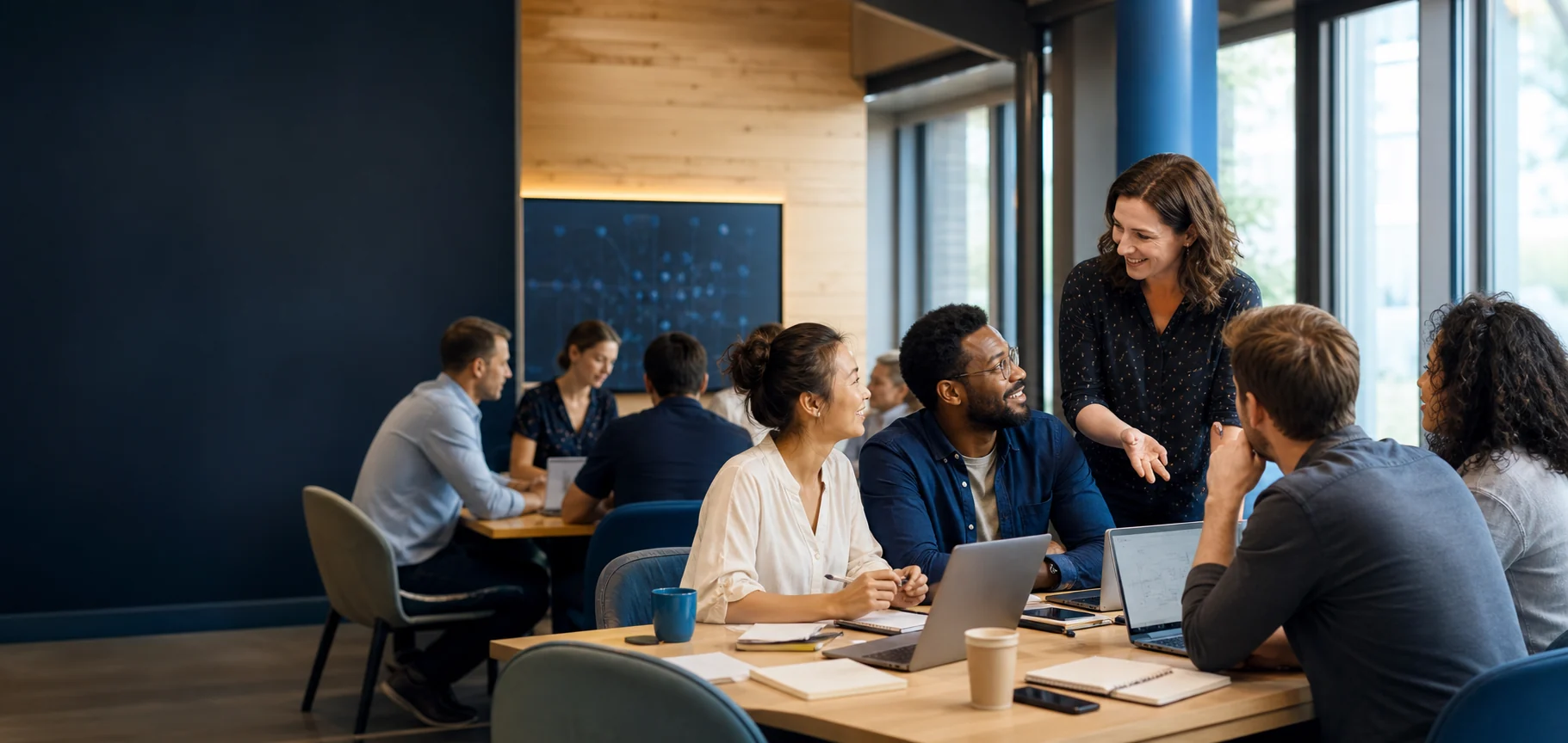Professionnels réunis dans une salle de formation contemporaine autour d’un atelier pratique sur l’intelligence artificielle